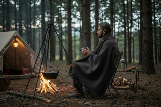 Koyu antrasit battaniye kamp sahnesi